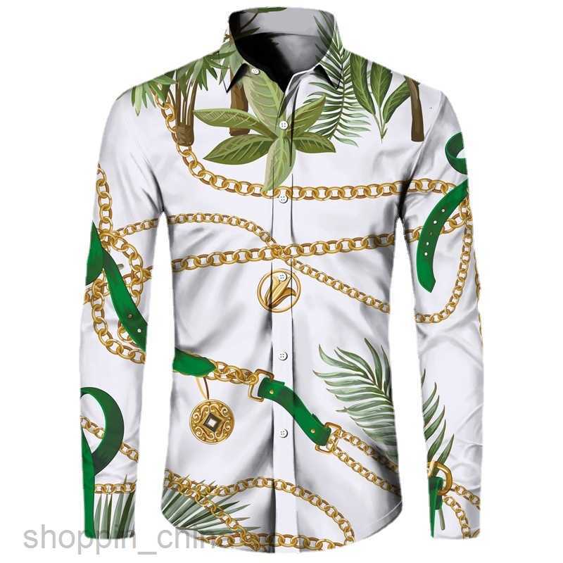 Men's Casual Shirts Directly operated men long sleeved lapel cardigan male fashion gold chain 3D printed long shirt tops