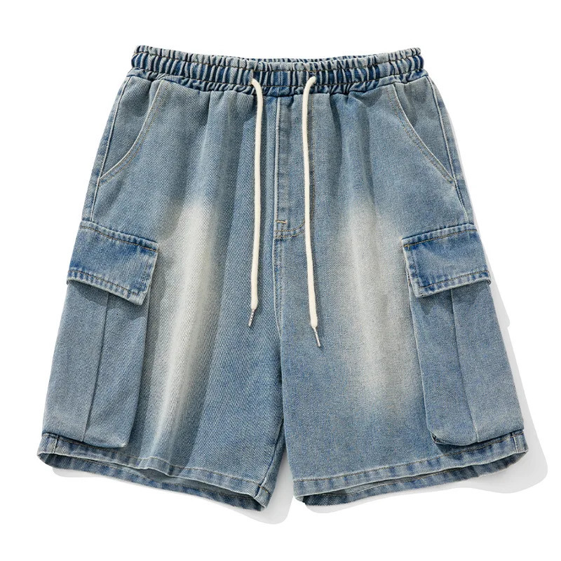 2024 Summer Mens Cargo Jean Shorts Korean Street fashion large pocket Denim Knee Length Wide Leg Y2K Clothing 240601