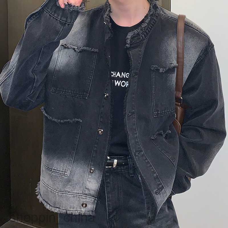Men's Jackets Coats Worn edge trendy high street denim jacket for man loose and niche design casual washed gradient jacket