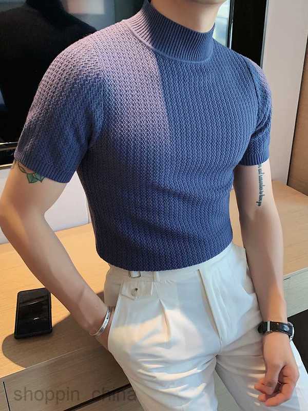 Men's T Shirts New Spring and Autumn Knitted Short sleeved Half High Neck T-shirt Men Slim Fit Inner Layup Top Man Sweater Bottom tees tops