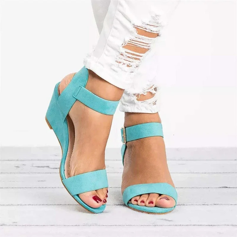 2024 Summer Womens Sandals Fashion Buckle Shoes Open Toe Wedge Casual Shoes Women Plus Size 43 Candy Color Sandals Women 240611
