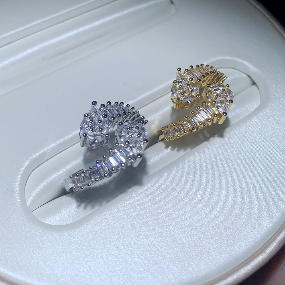 Geometric Round Water Drop CZ Adjustable Ring Sparking Bling 5A Cubic Zirconia Gold Color Women Finger Jewelry Fashion