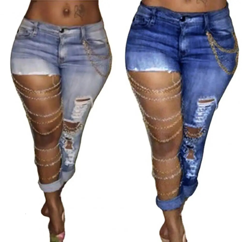 Fashion High Wait Stacked Pants Trousers Women Jeans Mid Rise Exaggerated Ripped Holes Skinny Pencil Pants Trousers Daily Wear 240601