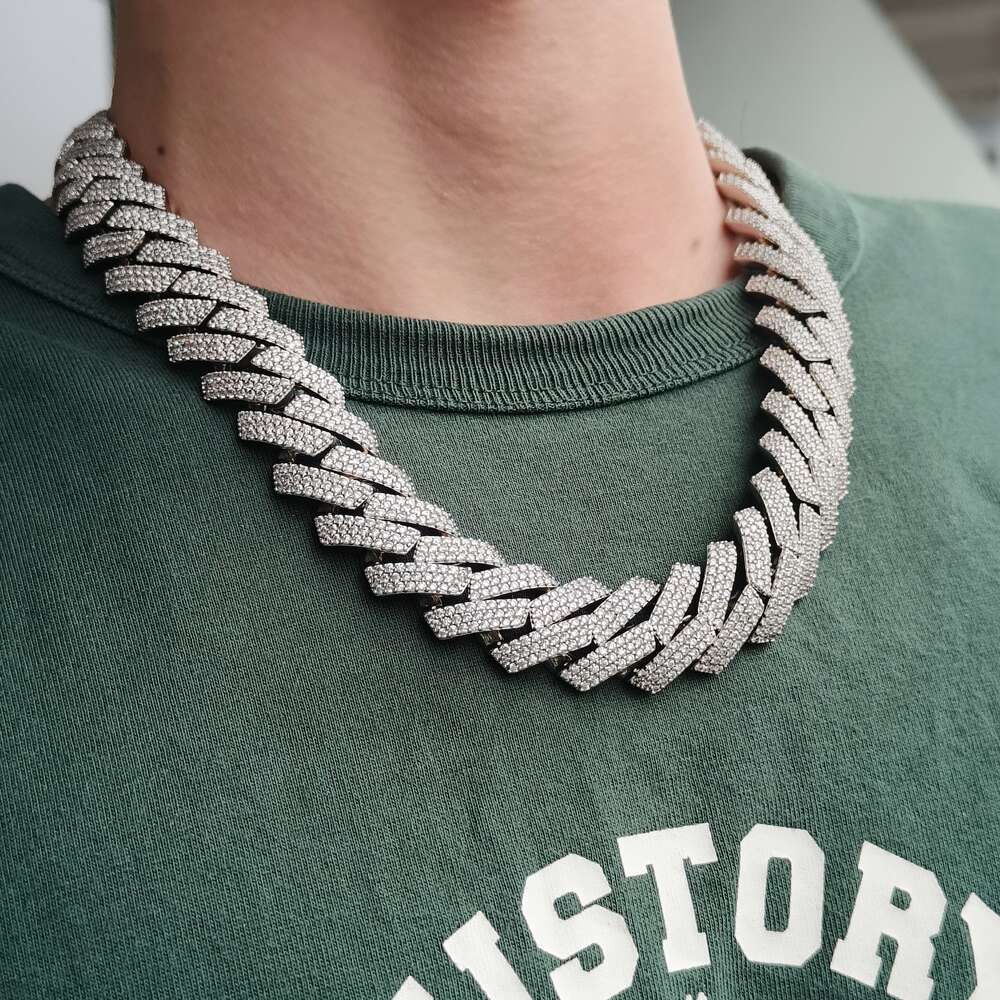 Hip Hop Cuban Chain Full Diamond 925 Sterling Silver Gold Plated Necklace 20mm American Fashion Hiphop