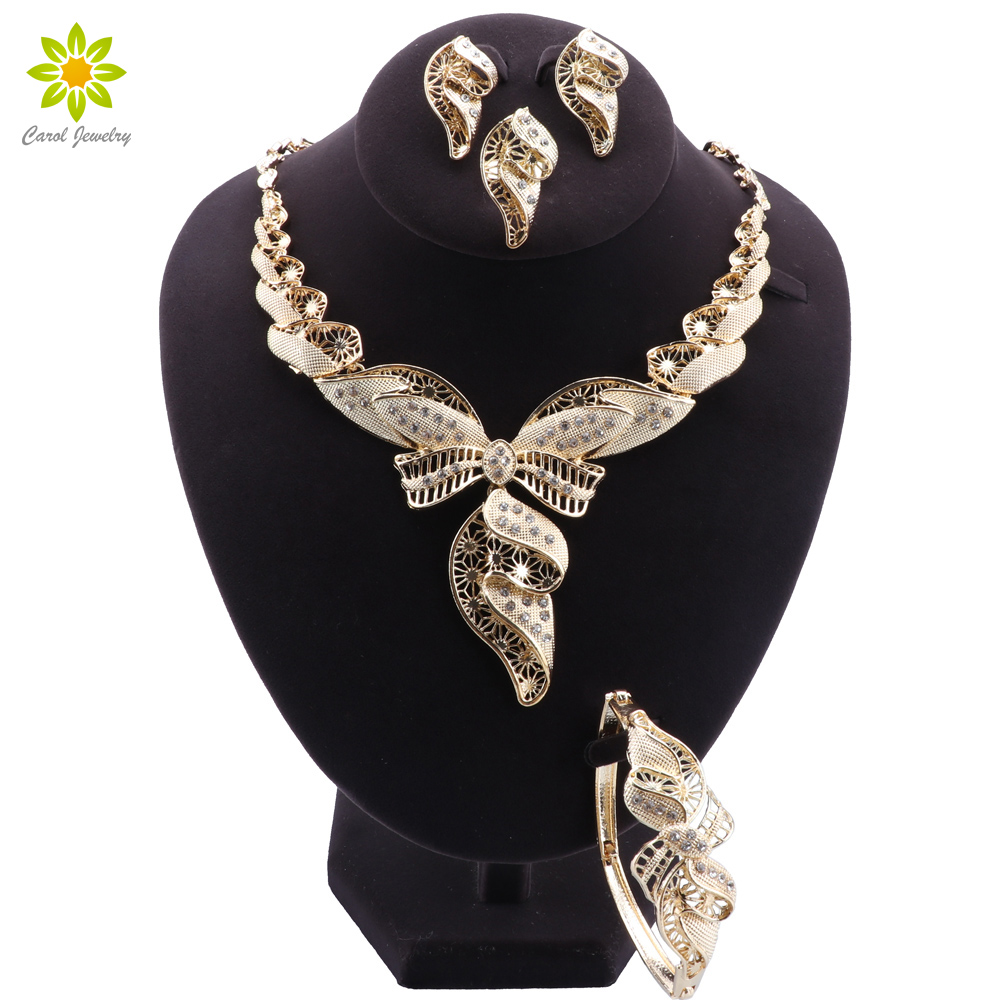 Classic Dubai Gold Color Jewelry Sets Charm Bridal Crystal Necklace Earrings Ring Bracelet Ethiopian Women Wedding Jewelry Set