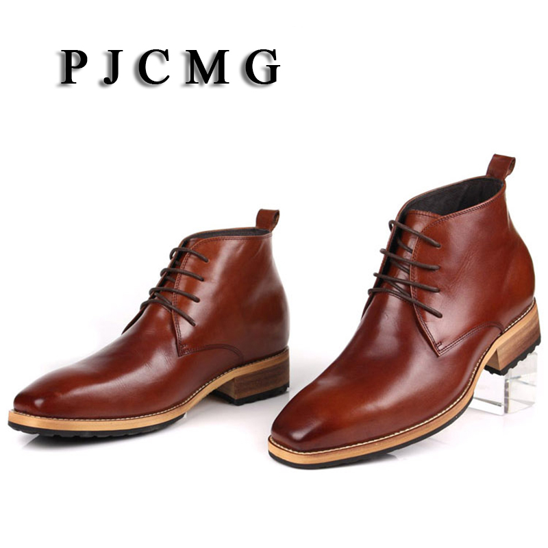 PJCMG New Men's High Genuine Leather Elevator 8 CM Brogue Wedding Office Ankle Boots Lace-Up Male Boots Footwear Botas Hombre