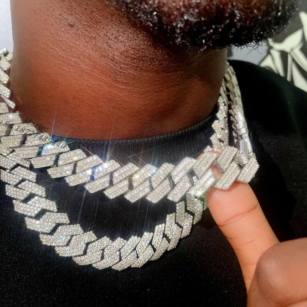 Luxury Double Row Baguette Diamond 20mm Moissanite Cuban Link Chain Mens Lab Diamond Cuban Chain 925 Gold