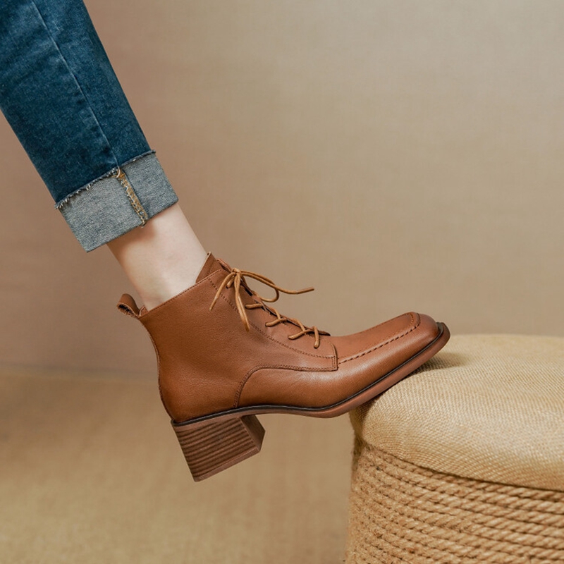 Square Autumn Toe Chunky Heel for Genuine leather Lace Black Ankle Boots Winter Shoes Women e837