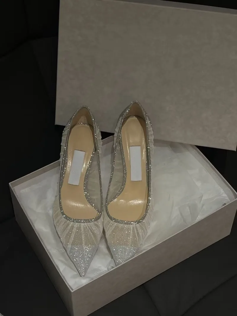 2024 Spring Autumn European and American New Pointed Toe Women's High Heels Shallow Mouth StilettoHeel Crystal Banquet Shoes