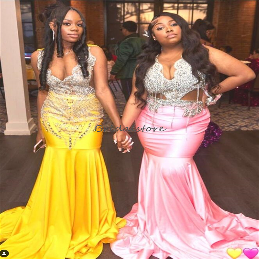 Plus Size Pink Prom Dresses For Black Women Beaded Crystal Mermaid Soft Satin Evening Dress African Elegant Formal Occasion Birthday Dress Pageant Ves