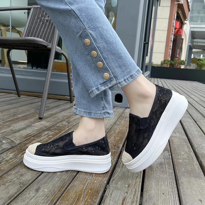 7cm Lace Air Mesh Womens Summer Shoes Slippery on Fashion Sports Shoes Platform Wedge High Heels 240611