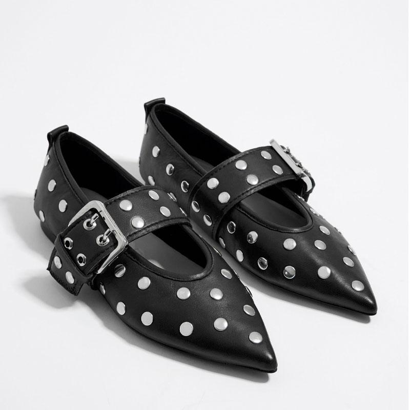 Large Rivet Belt Buckle Simple Flat Sole Single Shoe Black White Punk Style New Fashionable Women Size34-44 Handmade Shoes e0ac s