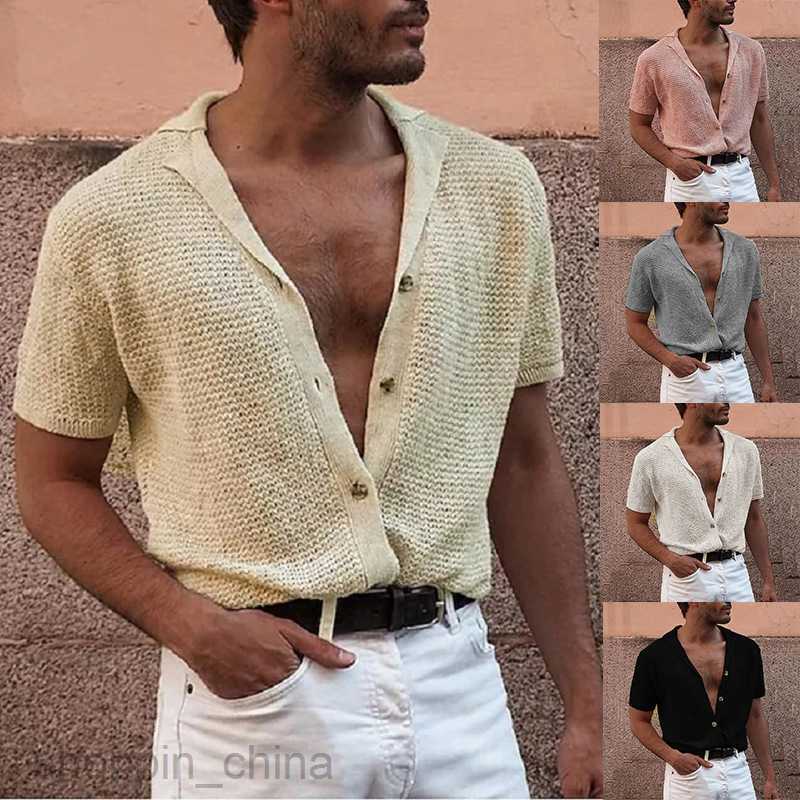 Men's T Shirts Fashionable men casual short sleeved top knitted single breasted gentleman cardigan male lapel sweater tees tops