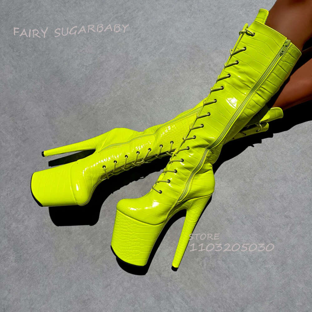 Bright Yellow Dazzling Boots Platform Women Lace Peep Toe Zipper Knee Booties Calf Open Pole Dance Sexy Girls Shoes