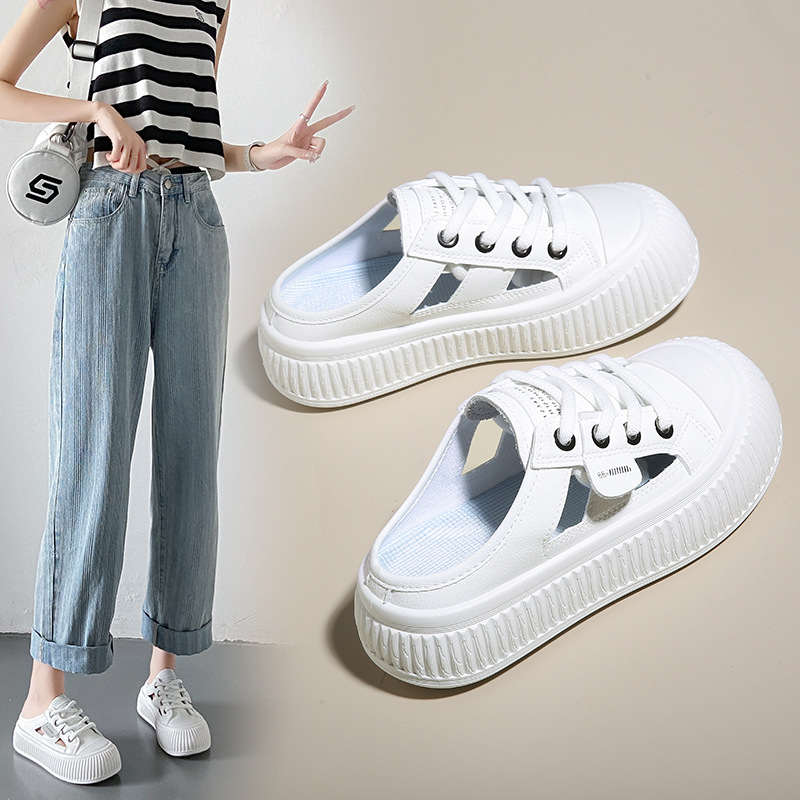 2024 New Hollow Small White Shoes Breathable Half Trailer Versatile Casual Shoes Big Head Matsuke Shoes Free of Mail for Women size