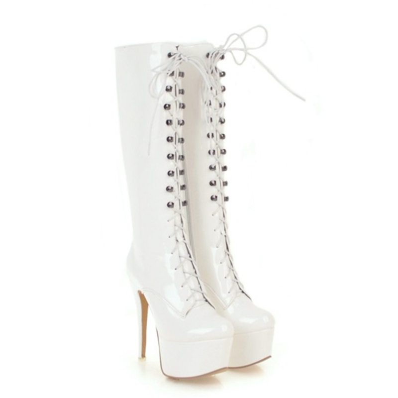 Knee Red Boots Women Platform Sexy High Heels Winter Shoe Lace-up Black White Women's Long Boot Fetish Shoes Large Size 48 9826 's s