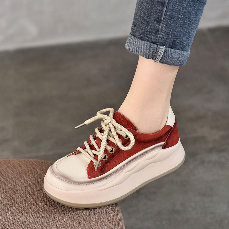 Koznoy 4cm Women Platform Comfy Skate Boarding Genuine Leather Wedge Autumn Chunky Sneakers Mixed Color Vulcanize Spring Shoes
