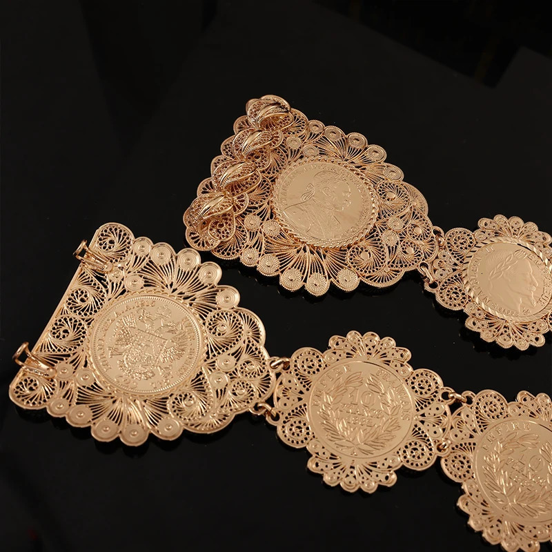 French Rich Gold Color Coin Belt for Women Algerian Traditional Caftan Wedding Dress Belts Napoleon Figure Royal Waist Chains 240531