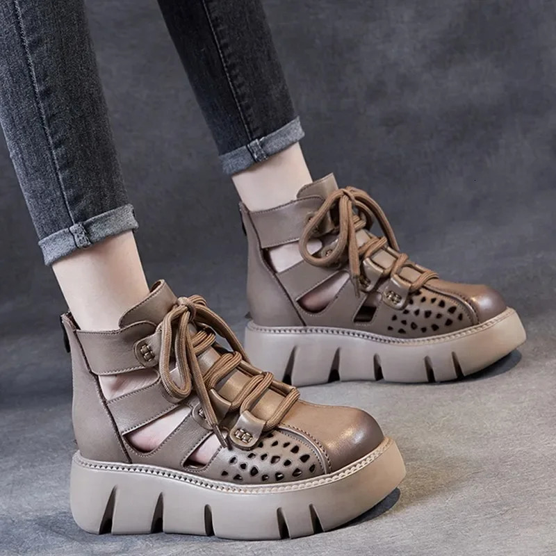 Handmade Retro Women Platform Sandals Pu Leather Hollow Baotou Wedges Gladiator Shoe Back Zipper Thick Bottom Cool Boot 240611