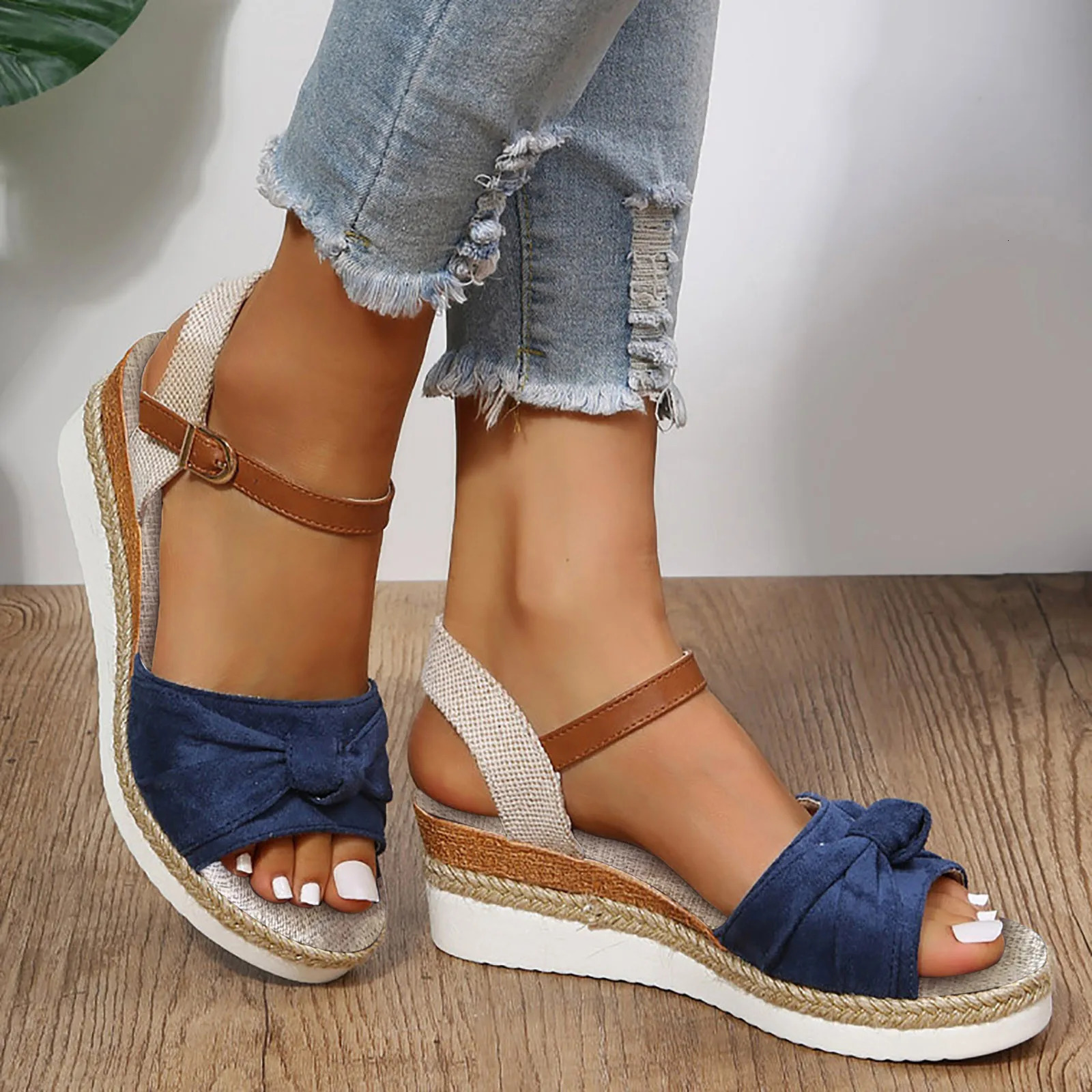Color Block Knot Detail Espadrille Strap Wedge Sandals For Women Casual Open Toe Sandals Roman Platform Sandals 240611