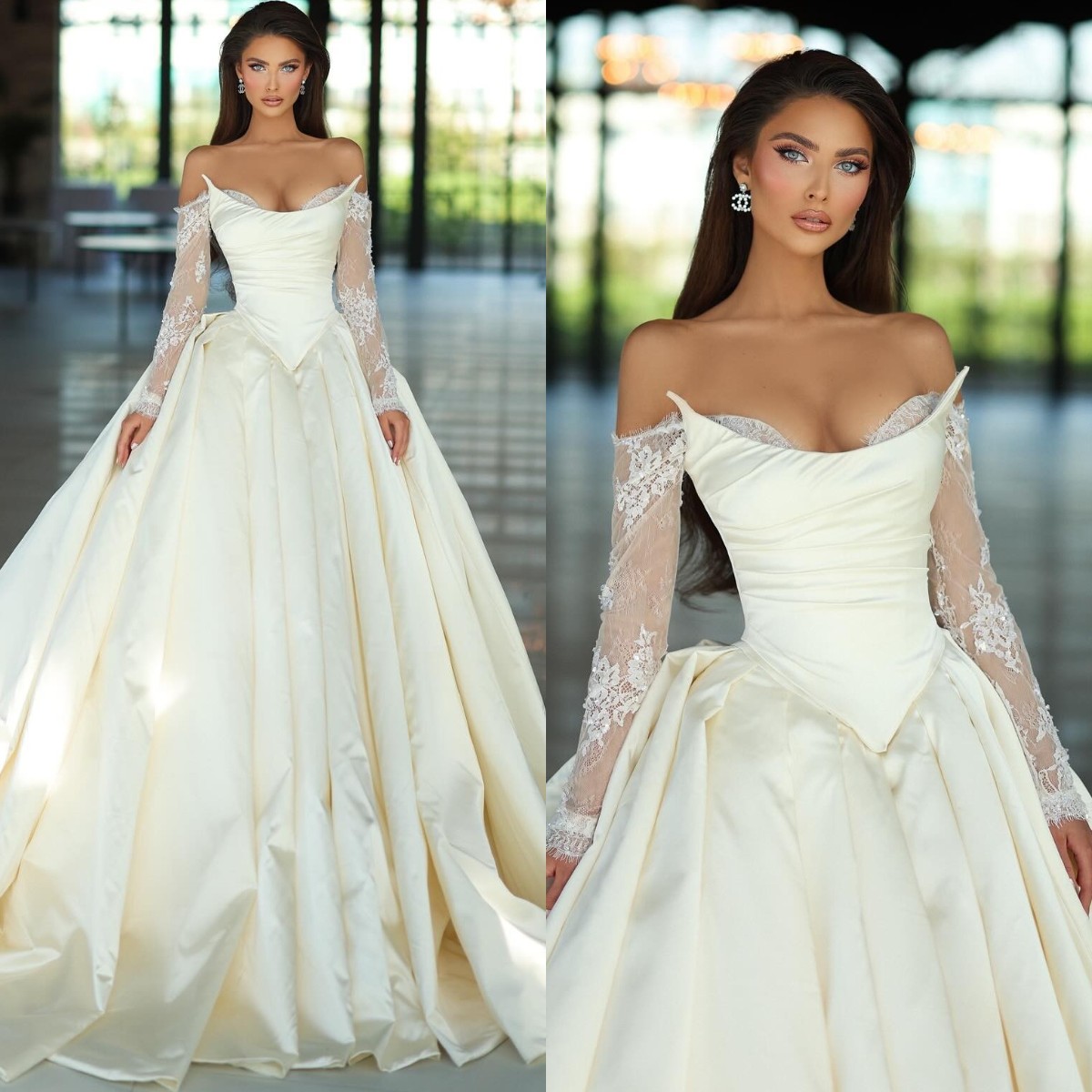 Elegant ivory A e Dress for bride strapless lace long sleeves Wedding Dresses backless vestidos de novia ruffle sweep train bridal gowns mariage