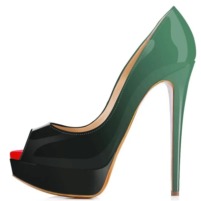 2024 New Women Pumps Sexy Platform Peep Toe 14cm Extremely High Heels Stiletto Patent Leather Party Nighclub Red Wedding Shoes