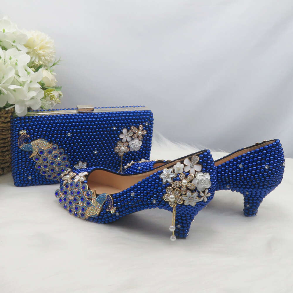 New Arrival Pea Royal Blue Pearl Diamonds Woman's Party/Wedding Pumps High Fashion Rhinestone Bride Shoes Women
