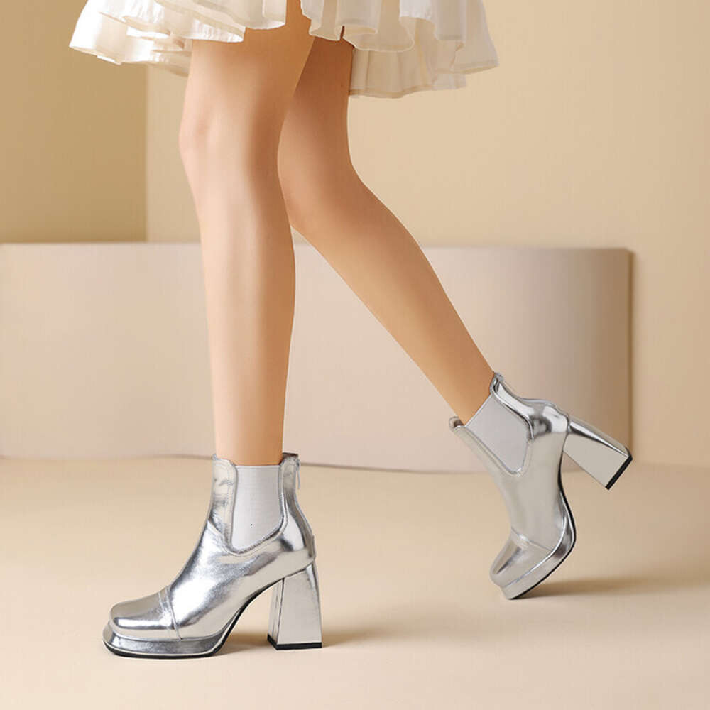 Fashion Sier Golden Chunky Heels Women's Short 2024 Platform Ankle Women Boots With Back Zip Girl Shoes