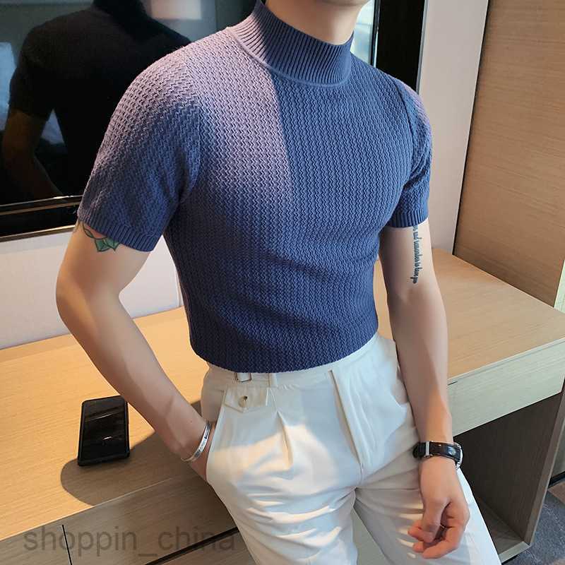 Men's T Shirts New Spring and Autumn Knitted Short sleeved Half High Neck T-shirt Men Slim Fit Inner Layup Top Man Sweater Bottom tees tops