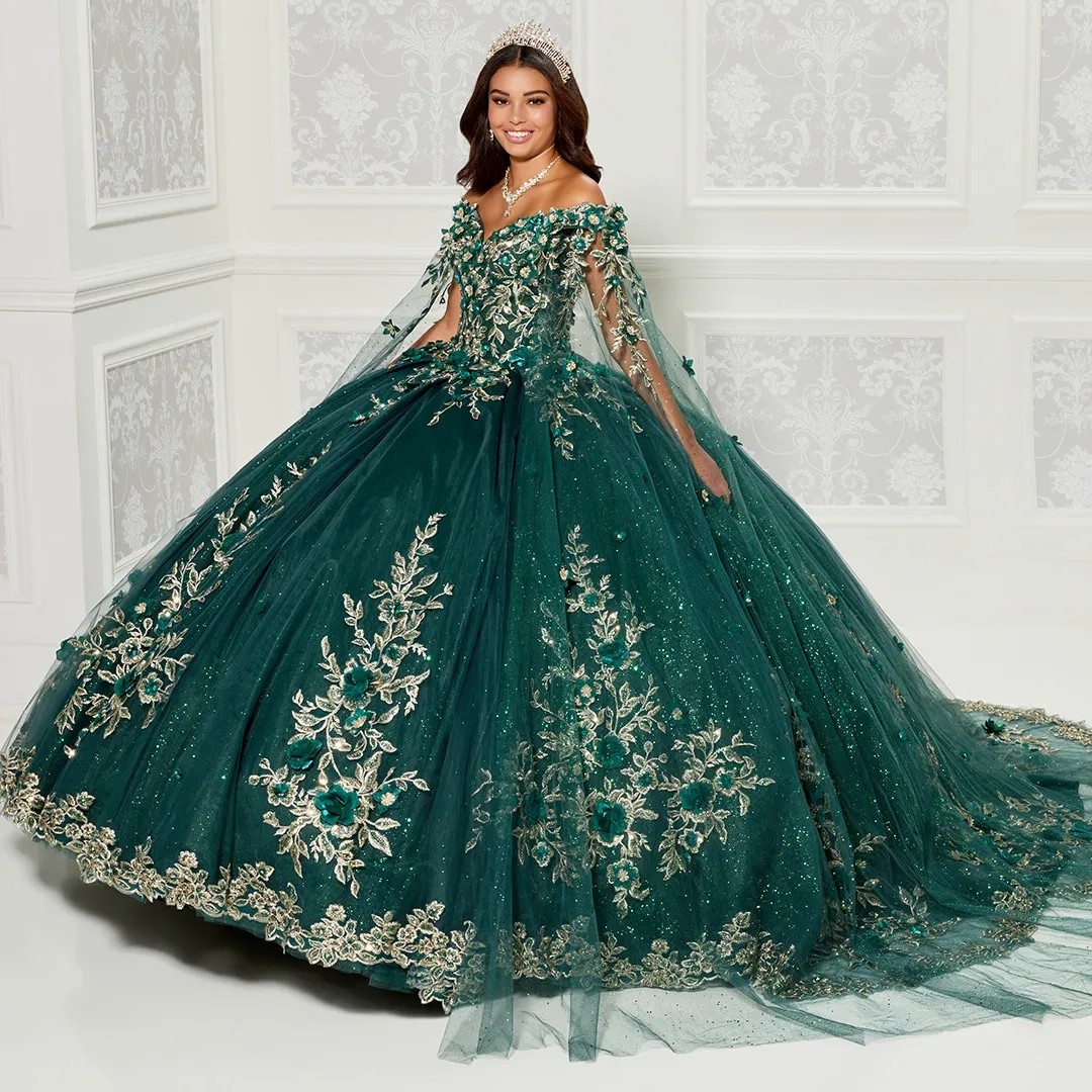 Green Mexican Quinceanera Dresses Ball Gown Off The Shoulder Sparkly Applique Floral Puffy Charro Sweet 16 Dresses 15 Anos