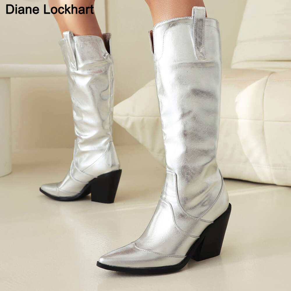 Retro Denim Western Women Knee Wedges High Heel Cowboy Boots Slip On Autumn Winter Pointed Toe Woman Shoes Dropship