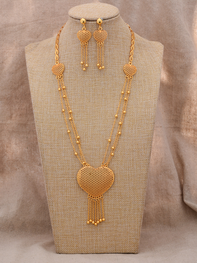 24K Dubai Gold Color Heart Jewelry Sets for women Necklace earrings Ring bridal African wedding ornament wife gifts Jewelry set