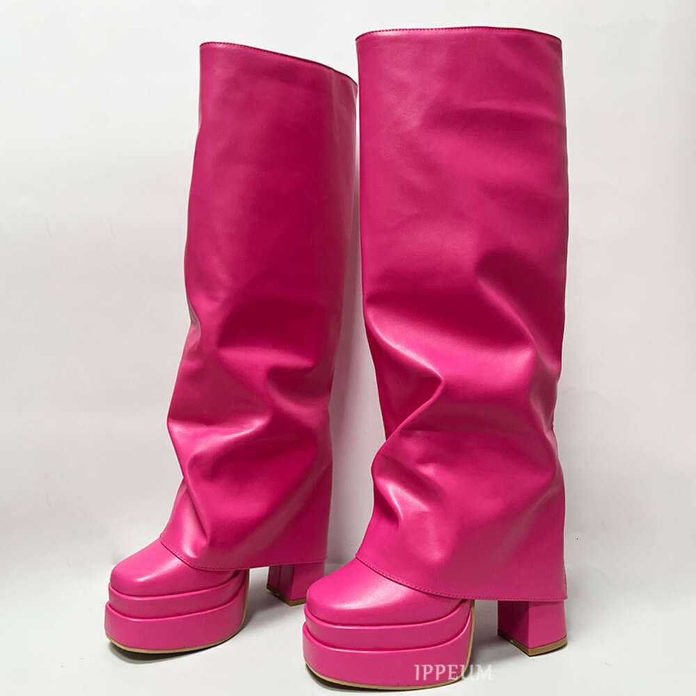 IPPEUM Fold Over Boots Women Orange Hot Pink Block Heel Knee High Plus Size 43 Platform Shoes Y2k Botas Plataforma Mujer