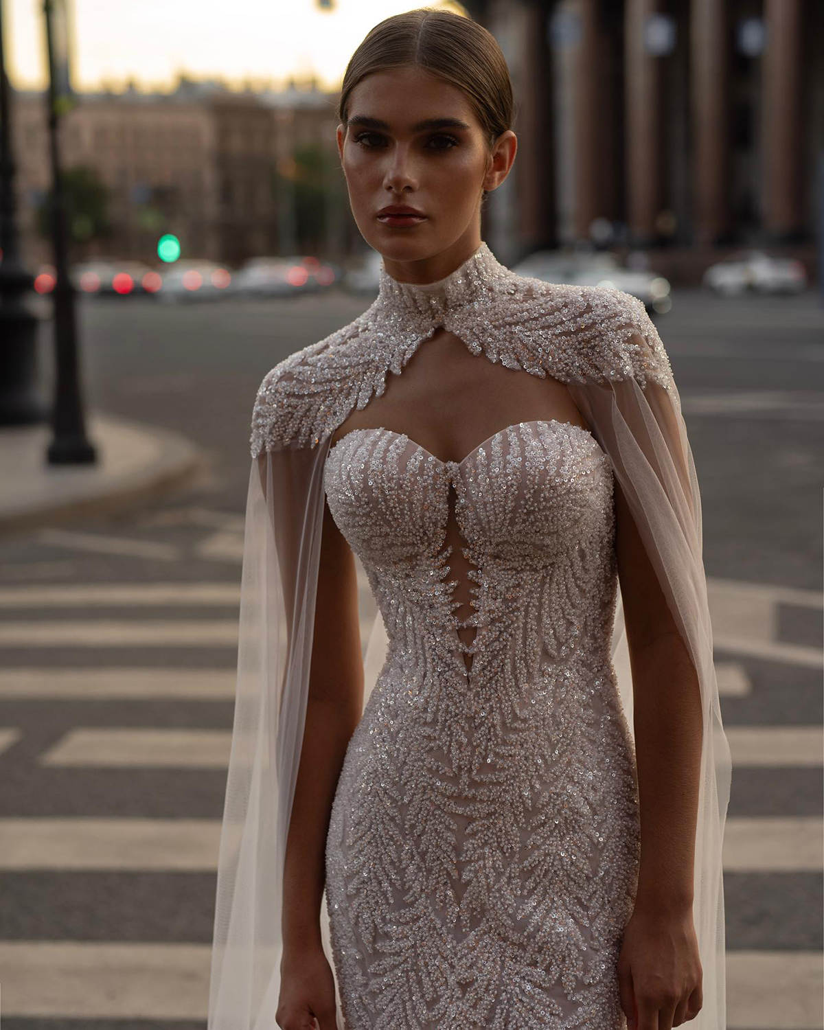 Fashion Mermaid Bridal Gowns Beading Sequins Wedding Dress With Cape Strapless Custom Made Sleeveless Sweep Train Vestido De Novia 0219