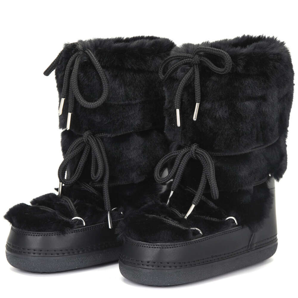 2023 Winter Snow Mid-Calf Lace-Up Rabbit Women Ski Female Brand Design Platform Waterproof Leather Fur Boots