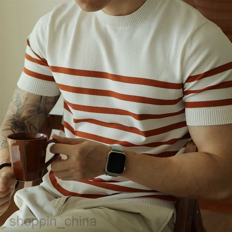 Men's T Shirts mature style round neck striped knitted short sleeved T-shirt for man casual business spring/summer top half sleeved T-shirt tees 