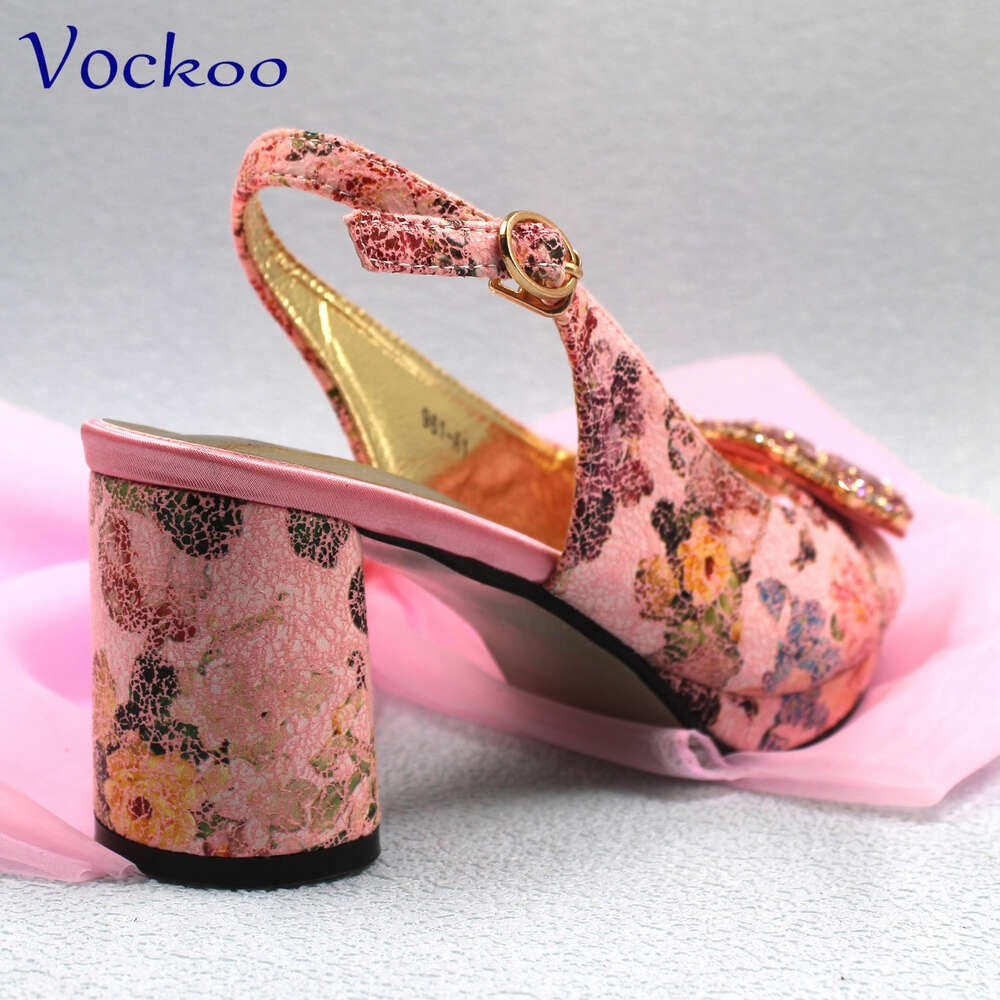 Pink Color Sexy Ladies Shoes And Bag Set Platform Square Heels Comfortable With Crystal For Wedding Party