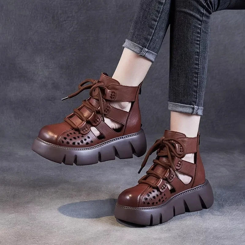 Handmade Retro Women Platform Sandals Pu Leather Hollow Baotou Wedges Gladiator Shoe Back Zipper Thick Bottom Cool Boot 240611