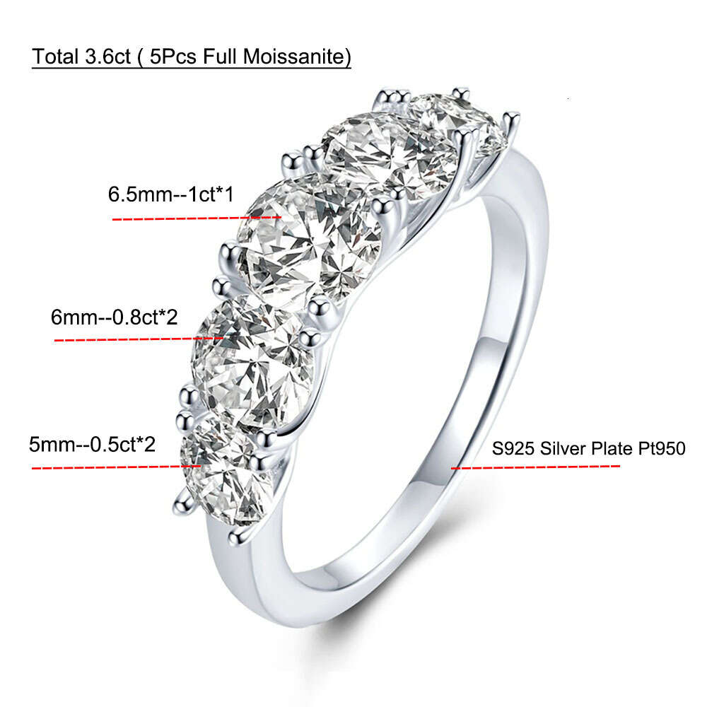 5 Stones 3.6cttw Full Moissanite Rings for Women S Sterling Sier Row Ring Plate Sparkling Diamond Wedding Bands Jewelry