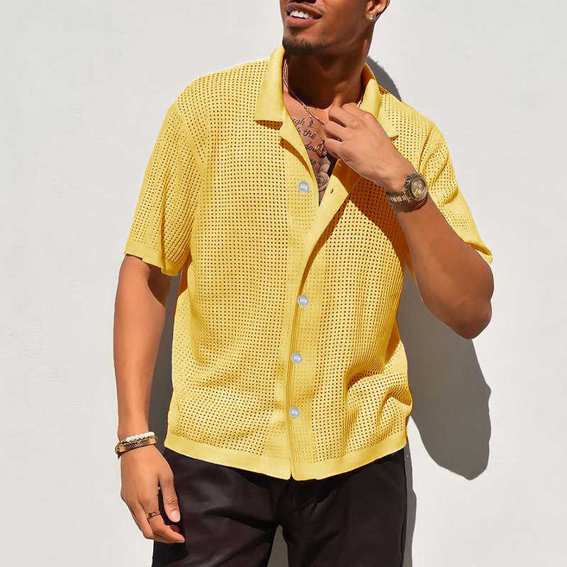 Men's Polos Shirts Man Casual Knitted Shirt Men Summer New Solid Color Lapel Hollowed Out Breathable Male Short Sleeved Top Tops