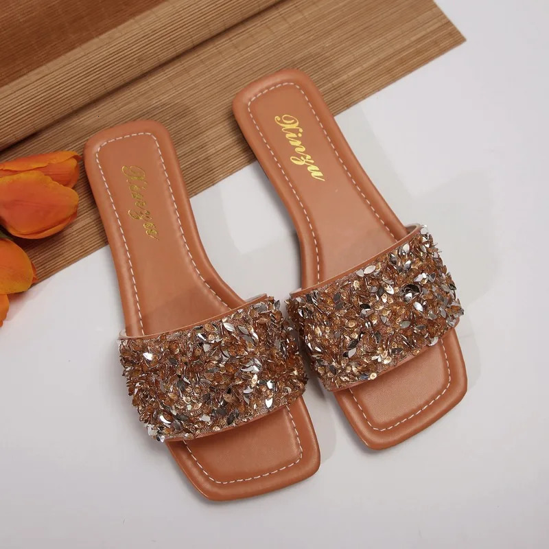 2024 Summer Womens Flat Shoes Shiny Outdoor Open Toe Walking Comfortable Fashion Casual Womens Slippers Plus Size 43 240611