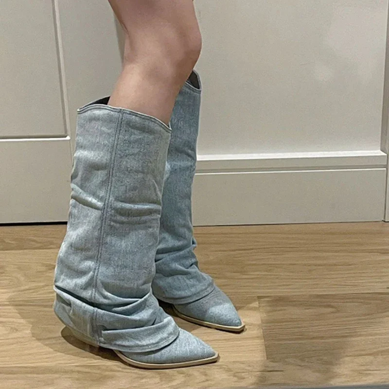 Women Pleats Blue Denim Thigh High Autumn New Thick Heeled Pointed Toe Cowboy Woman Slip On Western Long Boots 7607