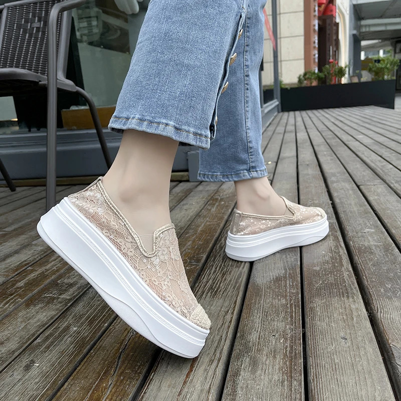 7cm Lace Air Mesh Womens Summer Shoes Slippery on Fashion Sports Shoes Platform Wedge High Heels 240611