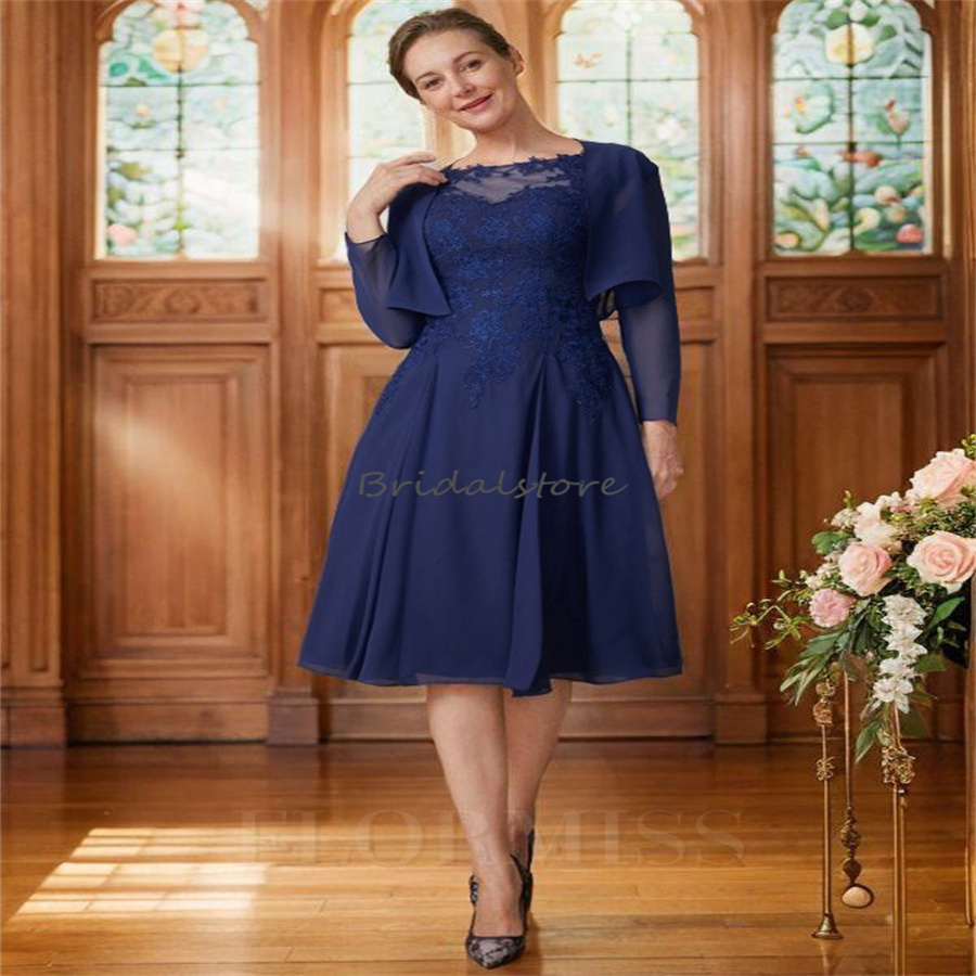 Chic Two Pieces Mother Of The Bride Dresses 2024 Knee Length Appliques Lace Chiffon Beach Wedding Guest Dress With Jacket Party Dance Birthday A Line 