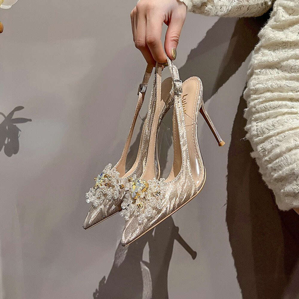 2024 New Fine Heel Pointy Dia Pumps Pearl Wedding Shoes Sparkles Baotou Glass Glue High-Heeled Sandals