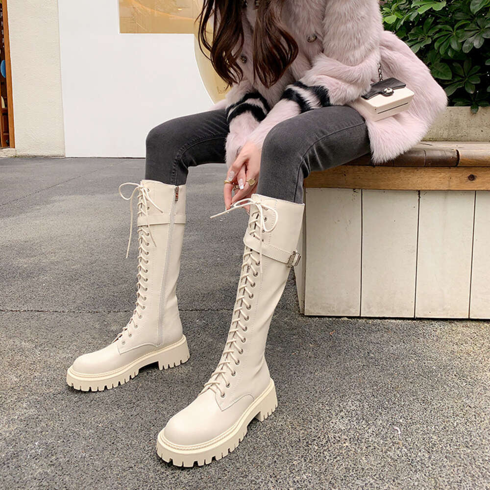 KHOU Fashion Knee-High Women New High-Quality Leather Lace-Up Platform Street All-Match Martin Knight Boots