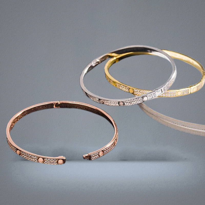 Fashion Full Diamond Bangle Stainless Steel Open Cuff Bracelet for Women Men Two Row Stone Bangles 3 Colour Selct Gold Silver Rosy