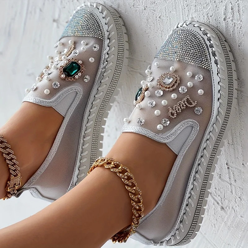 Loafers womens rhinestone decorative mesh sports shoes slide on low flat shoes 240611