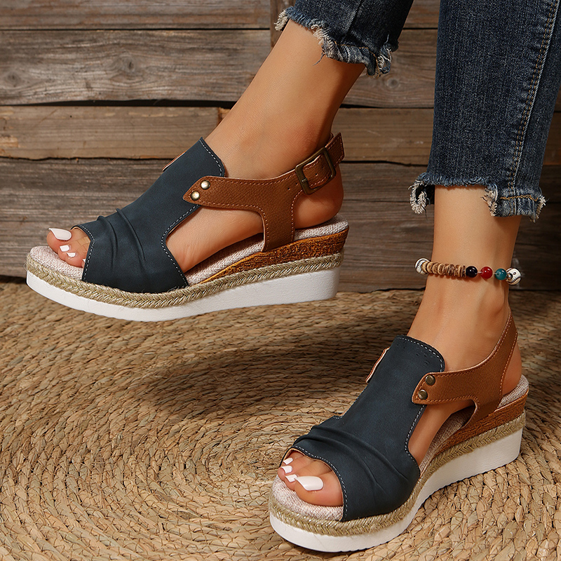 PU Pleated Leather Wedge Sandals for Women Back Strap Espadrilles Platform Sandles Woman 2023 Summer Thick Bottom Peep Toe Shoes 4abf Platm