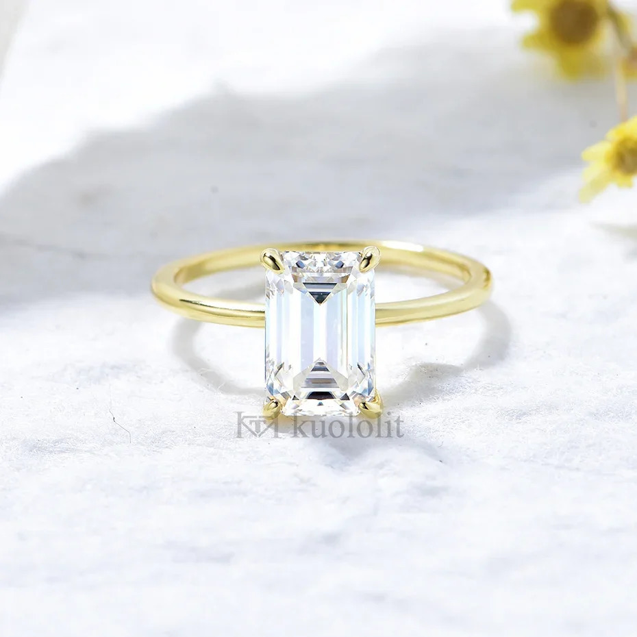 Kuololit 2.5CT Ring for Women Solid 14K10K Yellow Gold 6*9 Emerald Cut D/VVS1 Solitaire Ring for Engagement Wedding 240530